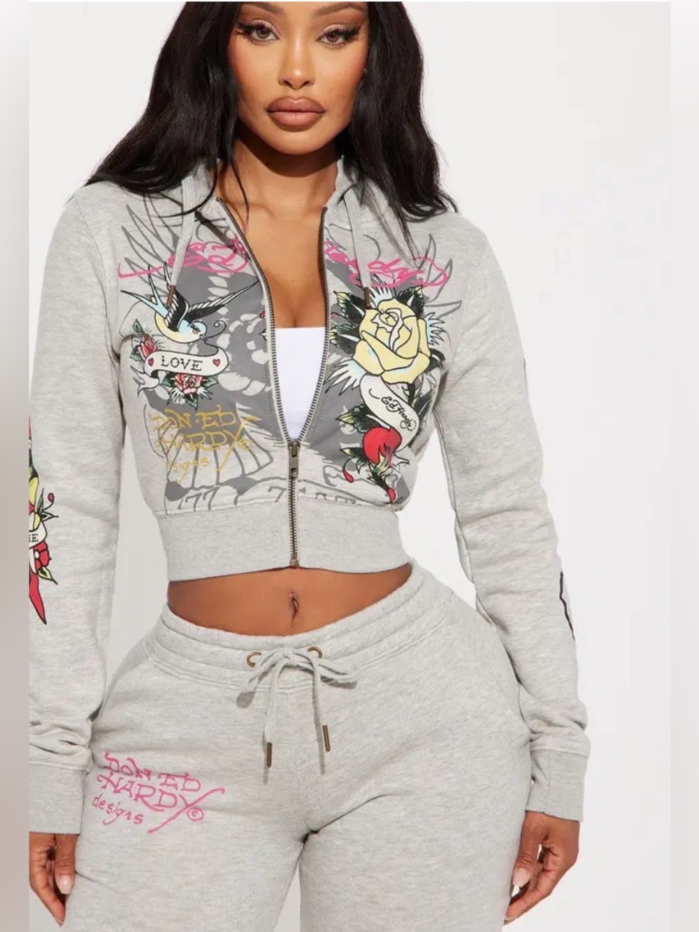 VTG Ed Hardy Gray Cropped Zip Hoodie with Floral Tattoo Graphics M